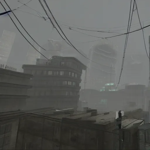 Image similar to a photo from the bottom of half life 2's combine citadel, with the wires hanging from the buildings towards the citadel, in a lightly foggy day