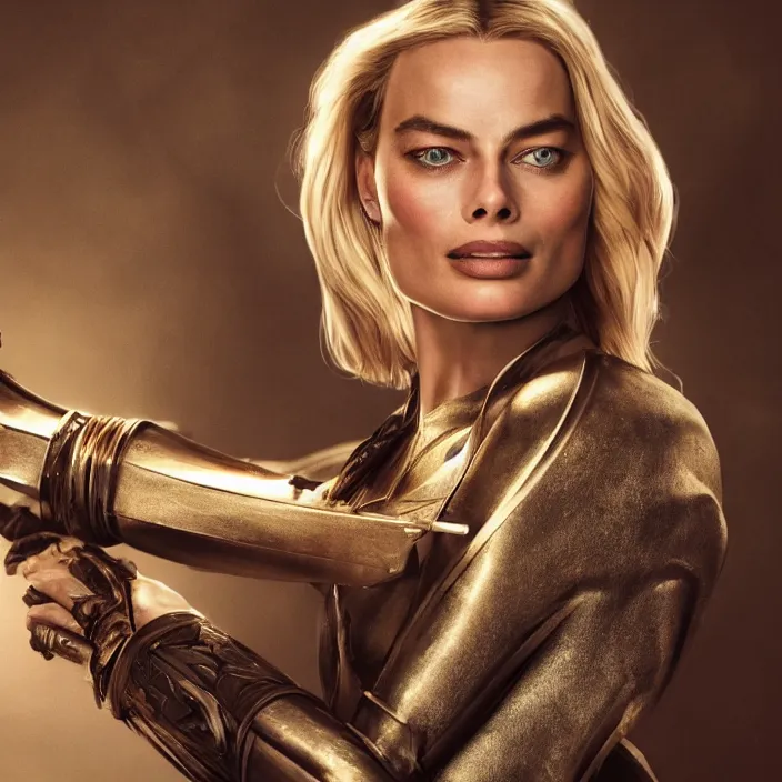 Image similar to margot robbie, holding broadsword. very coherent symmetrical artwork. cinematic, high detail, octane render, 8 k