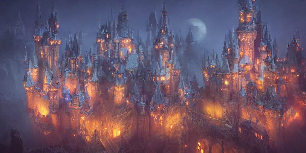 Image similar to a glowing magical fantasy castle at night with grand delicate walkways, extremely detailed oil painting, unreal 5 render, fantasy digital art, octane render, beautiful composition, trending on artstation, award-winning photograph, masterpiece