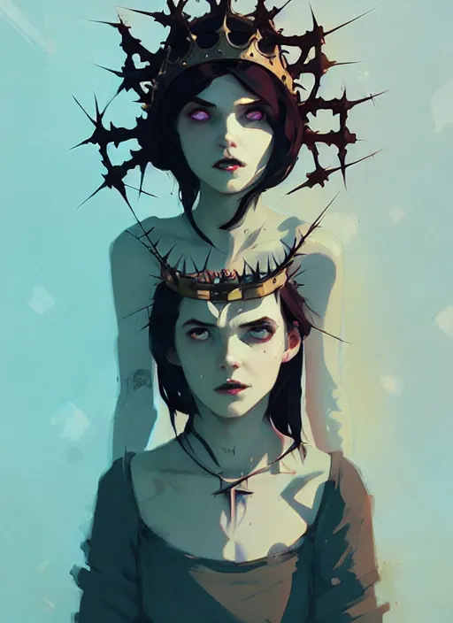 Image similar to portrait of cute goth maiden girl with crown of thorns, warhammer, cyberpunk, by atey ghailan, by greg rutkowski, by greg tocchini, by james gilleard, by joe fenton, by kaethe butcher, dynamic lighting, gradient light blue, brown, blonde cream and white color in scheme, grunge aesthetic