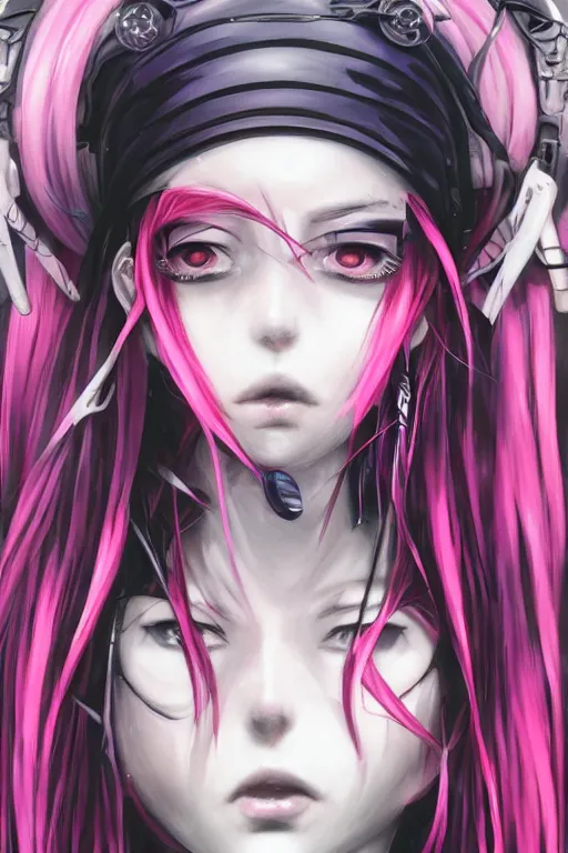 Image similar to portrait of an anime manga cybergoth girl with pink and black floating dreads, straight on portrait, by artgerm, james jean, tom bagshaw, gerald brom, vaporwave colors, lofi colors, vaporwave, lofi, moody vibe, goth vibe, 4 k, hd,