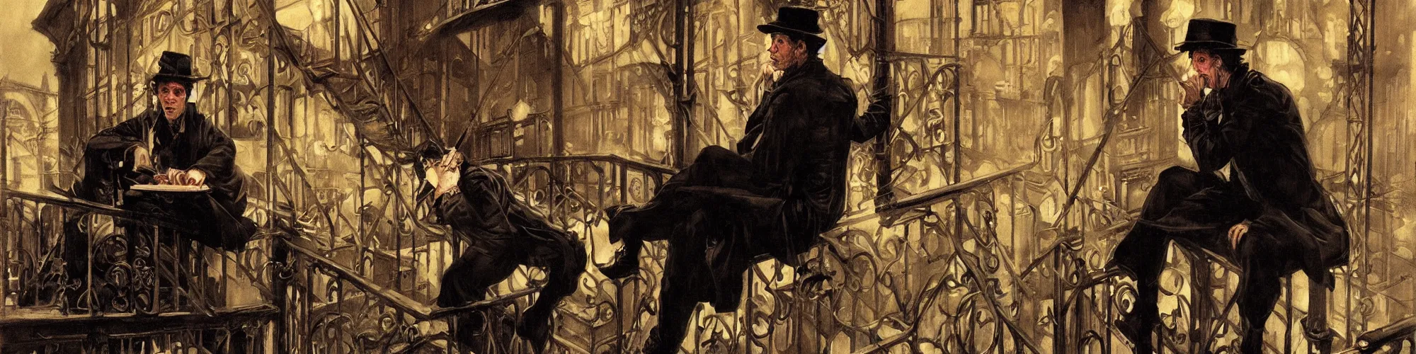 Image similar to character portrait of tom waits sitting down on a fire escape eating dinner in gothic london, gothic, john singer sargent, muted colors, moody colors, illustration, digital illustration, amazing values, art by j. c. leyendecker, joseph christian leyendecker, william - adolphe bouguerea, graphic style, dramatic lighting, gothic lighting