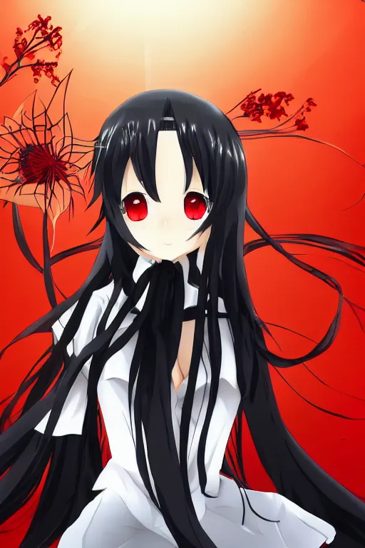 Image similar to Key anime visual of a beautiful girl with black hair and red eyes holding a spider lily; wearing white blouse with black tie; trending on Pixiv; digital art