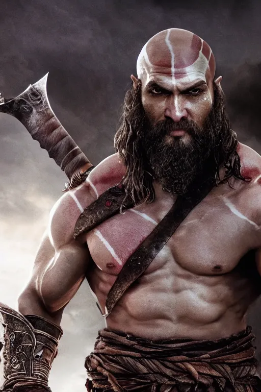 Image similar to film still from god of war, a highly detailed beautiful closeup photo of jason momoa kratos with long windblown wet hair holding a sword and fighting zombies on a pile of human skulls, spartan warrior, olympian god, muscular!,, action pose, ambient lighting, volumetric lighting, octane, fantasy