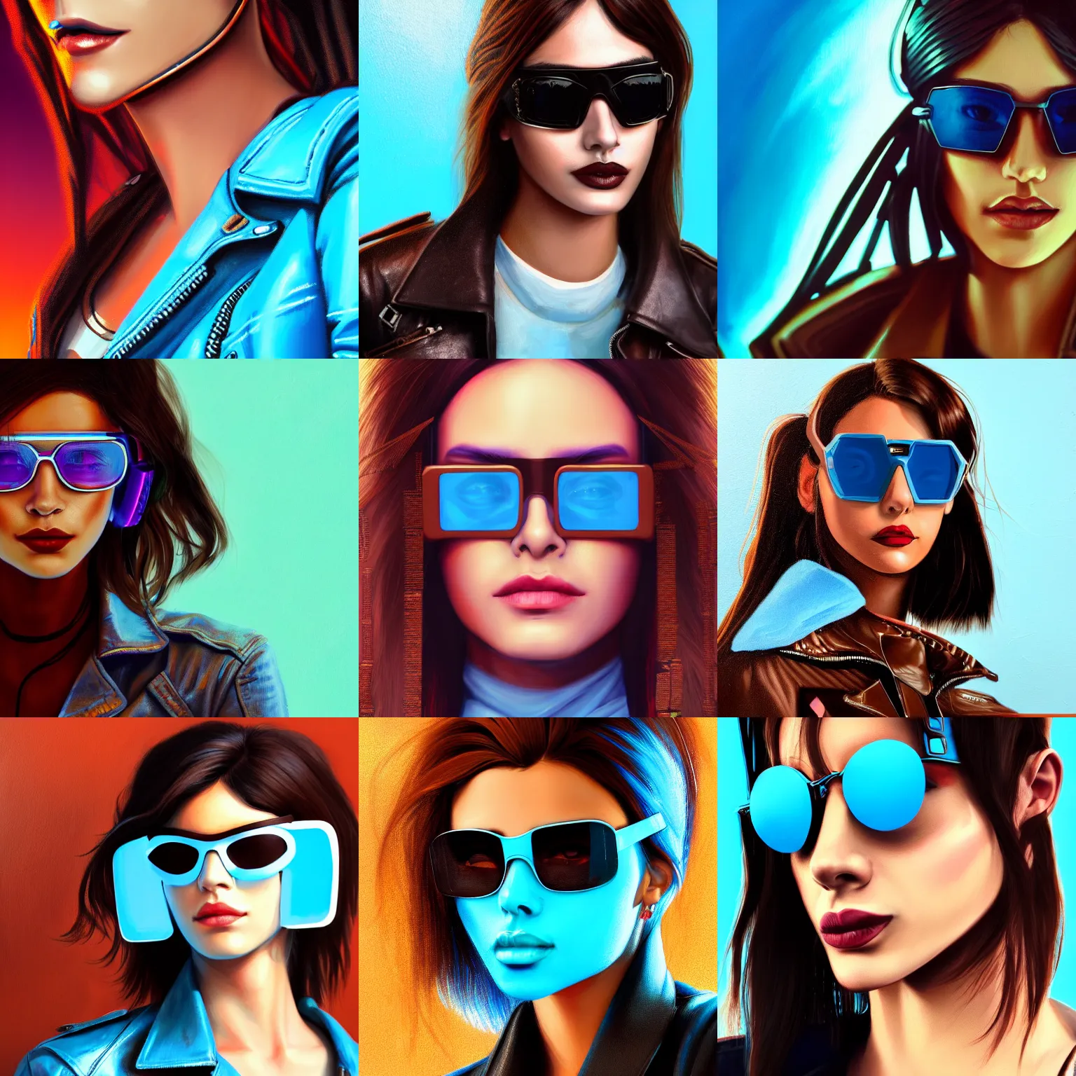 Image similar to closeup painting of a very beautiful young mexican cyberpunk woman smirking, wearing light blue shutter shades and a dark brown leather jacket, one side haircut, long brown hair with light blue ends, portrait, hyperdetailed, artstation, cgsociety, 8 k, synthwave by tangerine dream