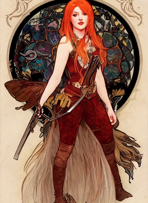 Prompt: full portrait of katherine mcnamara as a hunter, fairy motif, red hair, pale skin, pelt armor, extremely detailed, digital illustration, by rossdraws, alphonse mucha, frank fanzzeta, collectible card art
