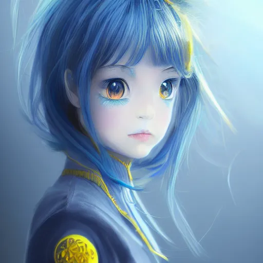 Image similar to a portrait of anime ukrainian blue and yellow girl, scared, concept art, trending on artstation, highly detailed, intricate, sharp focus, digital art, 8 k