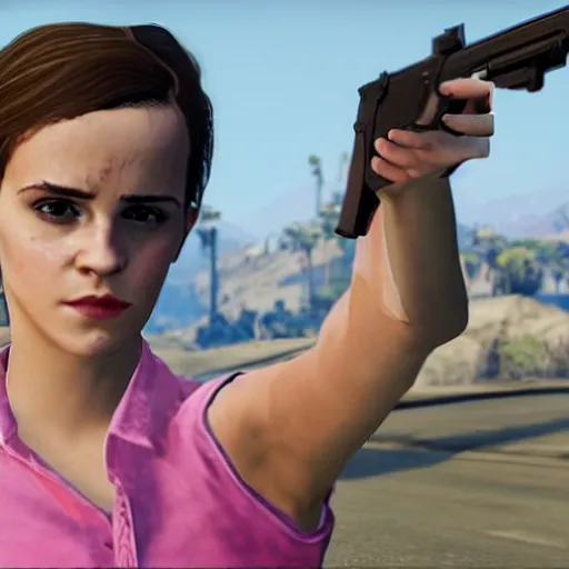 Prompt: Screenshot of Emma Watson holding a pistol in GTA 5