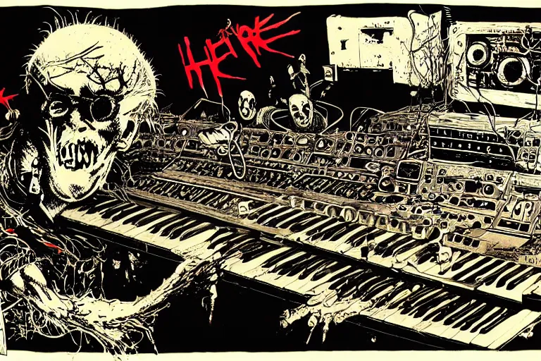 Image similar to synthesizer from hell by ralph steadman