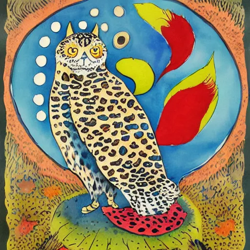 Image similar to leopard snowy owl with cat tail and four paws, gryphon, Louis William Wain watercolor, fantasy