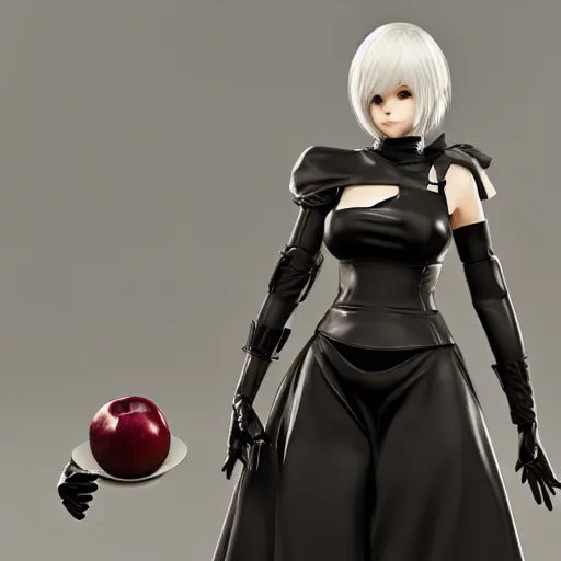 Prompt: 2B nier automata holding a apple, detailed, artstation, concept art, Unreal Engine 5 render, gameplay showcase, 8K