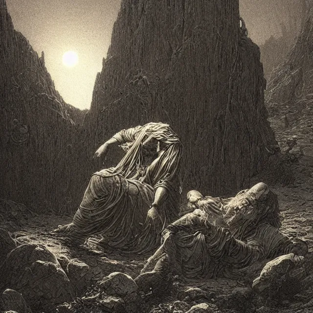 Image similar to etching by Franklin Booth and Gustav Doré showing frightened sorcerer in the desert by night, surrounded by nightmares in the shadows, mystic athmosphere, by Greg Rutkowski, deformed rocks, snakes, scorpions, UHD, 8K,