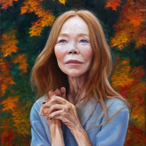 Prompt: stunning serene portrait of Sissy Spacek by Mark Arian, 0ne inch thick impasto oil on canvas, masterpiece, realism, piercing gaze, autumn bokeh