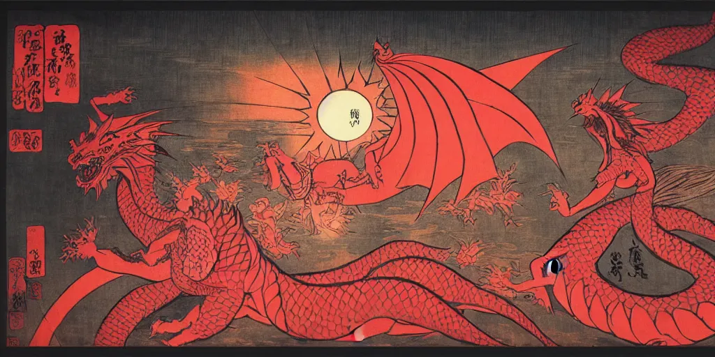 Image similar to The Great Red Dragon and the Woman Clothed with the Sun, at dusk, by Utagawa Kuniyoshi, dramatic lighting, high contrast colors, panoramic view, as trending on Artstation,