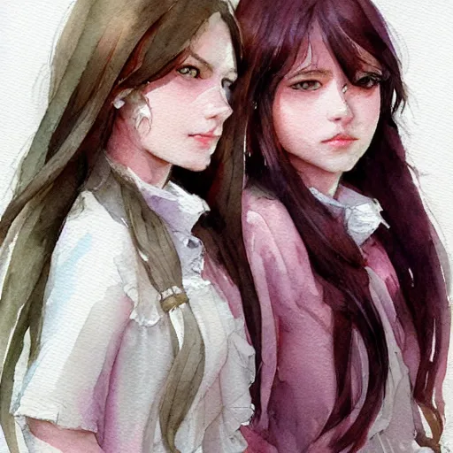 Image similar to a highly detailed portrait of sisters with purpure very very long hair, artstation, watercolor, highly detailed, portrait, by krenz cushart