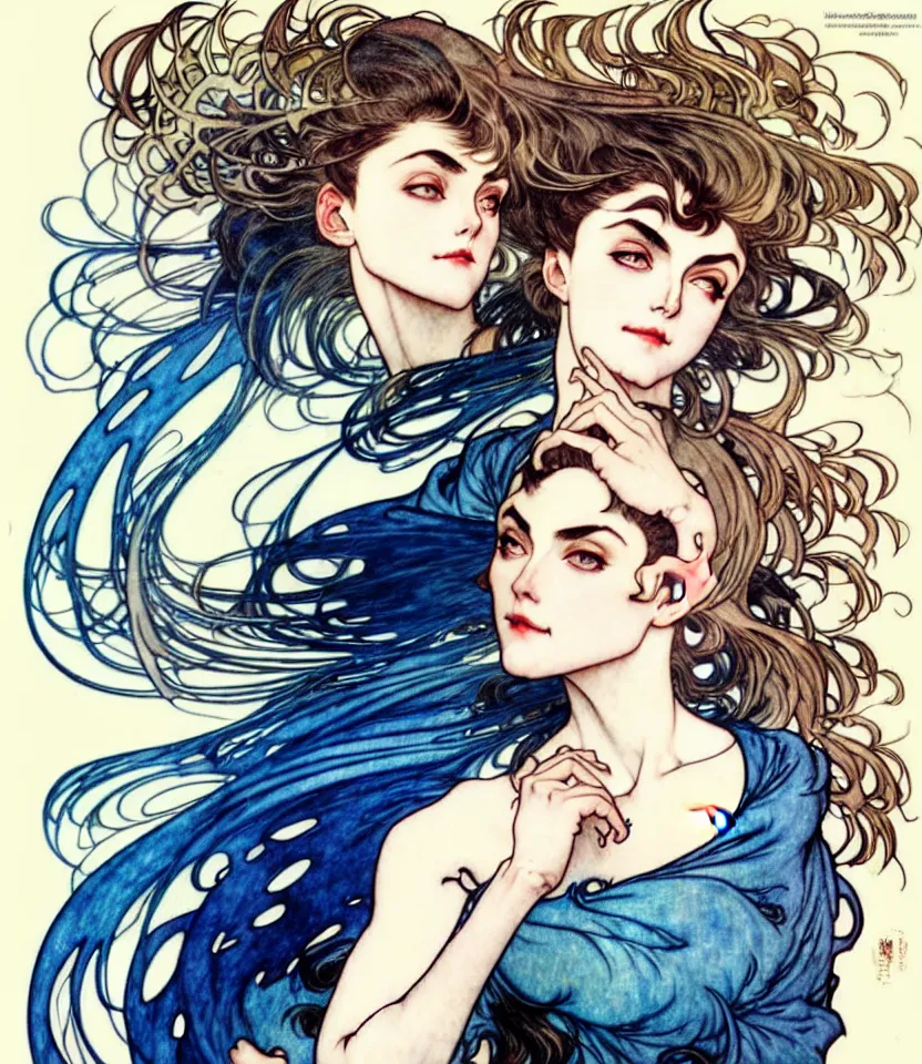 Image similar to in the style of artgerm, arthur rackham, alphonse mucha, phoebe tonkin, symmetrical eyes, symmetrical face, flowing blue skirt, full entire body, hair blowing, intricate filagree, hidden hands, warm colors, cool offset colors