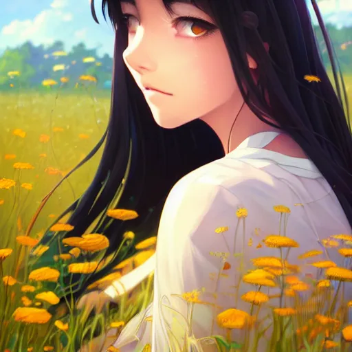 Image similar to a beautiful girl with long dark hair, sitting in a field of flowers, sunny, daytime, sharp focus, intricate, digital painting, artstation, official media, anime key visual, highly detailed, rich vivid colors, ambient lighting, illustration, art by Artgerm, Makoto Shinkai, Miyazaki Hayao, Ilya Kuvshinov, Lois Van Baarle, and Rossdraws