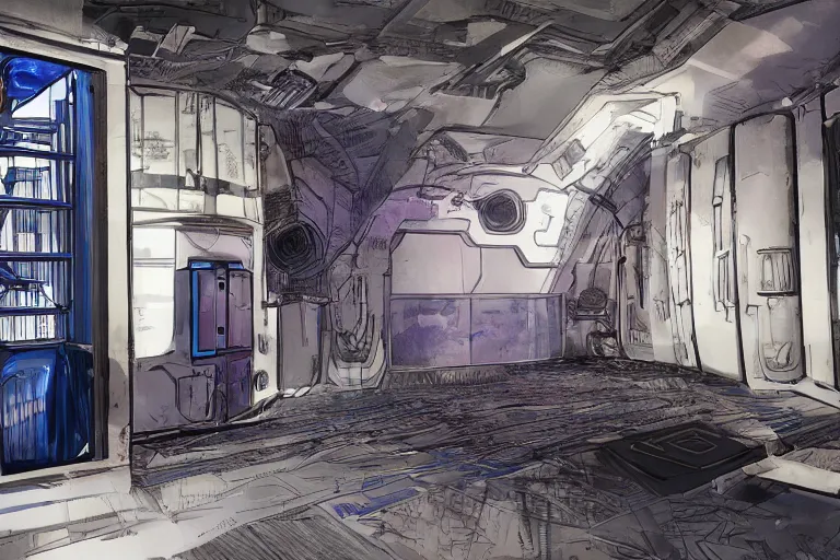 Image similar to futuristic tardis interior stylized like portal 2