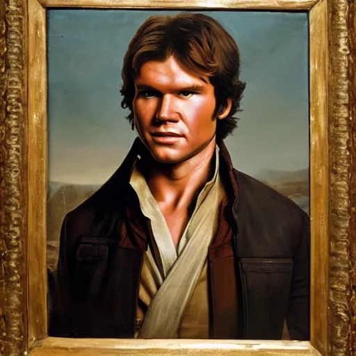 Prompt: a portrait painting of han solo from star wars in a renaissance style hanging in the louvre