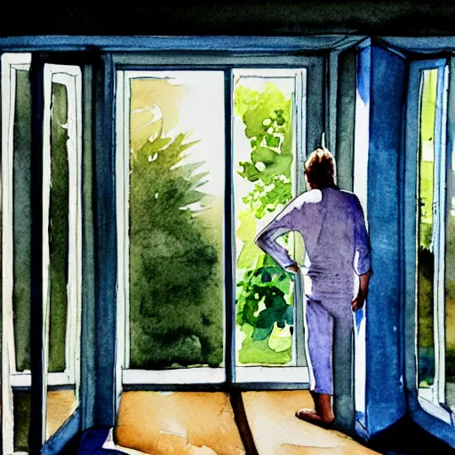 Prompt: person in pyjamas standing near window, sun rays, daylight, big french door window, 2 4 mm, wooden floor, modern, blue sky, photorealistic, high ceiling, watercolor painting