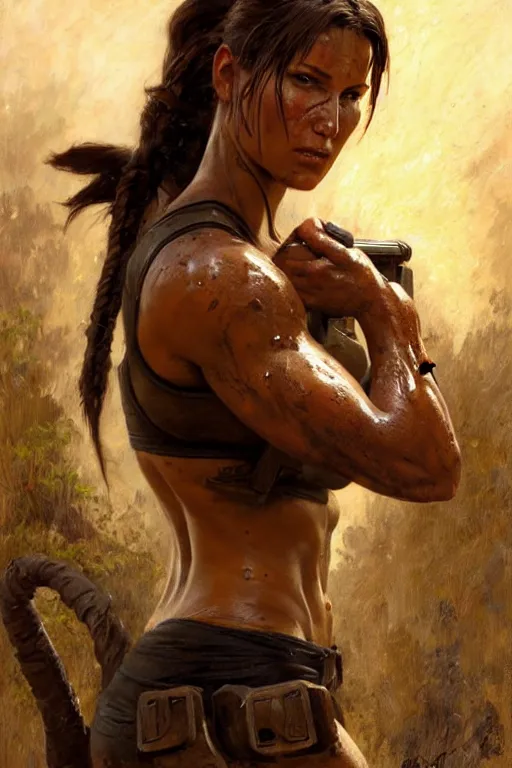 Image similar to muscular sweat lara croft, covers with mud, exhausted, face close up, highly detailed painting by gaston bussiere, craig mullins, j. c. leyendecker 8 k