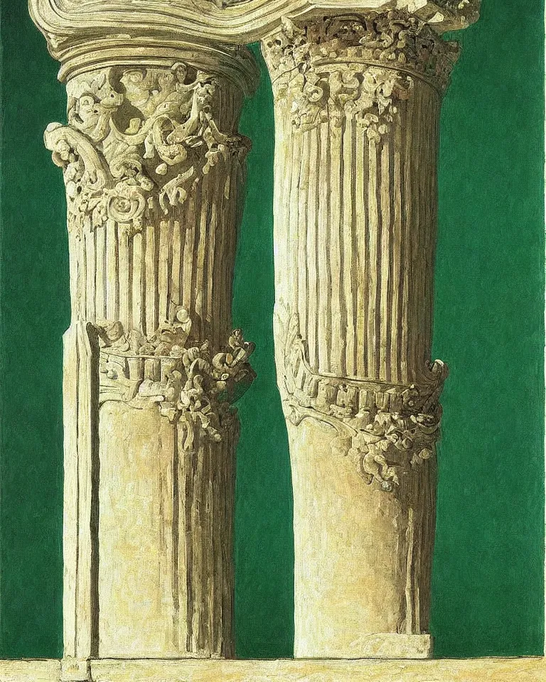 Image similar to achingly beautiful painting of intricate ancient roman corinthian capital on jade background by rene magritte, monet, and turner. giovanni battista piranesi.