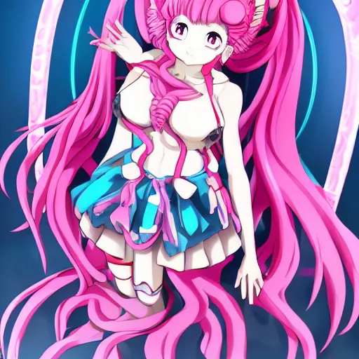 Prompt: stunningly beautiful omnipotent megalomaniacal anime goddess who looks like junko enoshima with symmetrical perfect face and porcelain skin, pink twintail hair and mesmerizing cyan eyes, looking down upon the viewer and taking control, mid view from below her feet, hyperdetailed, 2 d anime, 8 k