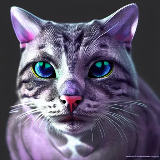 Image similar to photorealistic cat with reptilian features. hyperdetailed photorealism, 1 0 8 megapixels, amazing depth, high resolution, 3 d shading, 3 d finalrender, 3 d cinematic lighting, glowing rich colors, psychedelic overtones, artstation concept art.