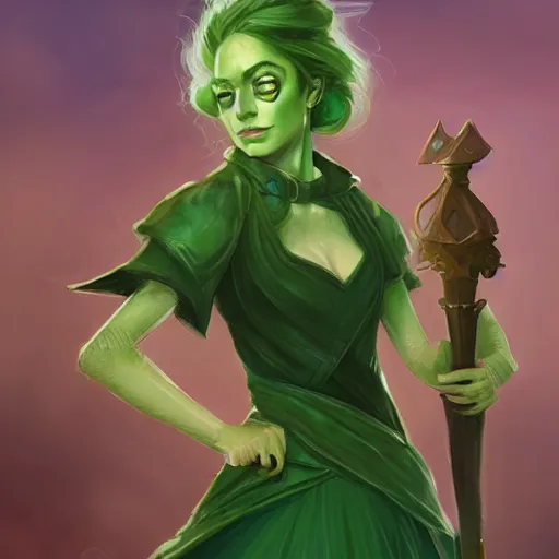 Image similar to a woman in a green dress standing holding a magic staff, a character portrait by Magali Villeneuve, featured on polycount, fantasy art, concept art, d&d, 2d game art