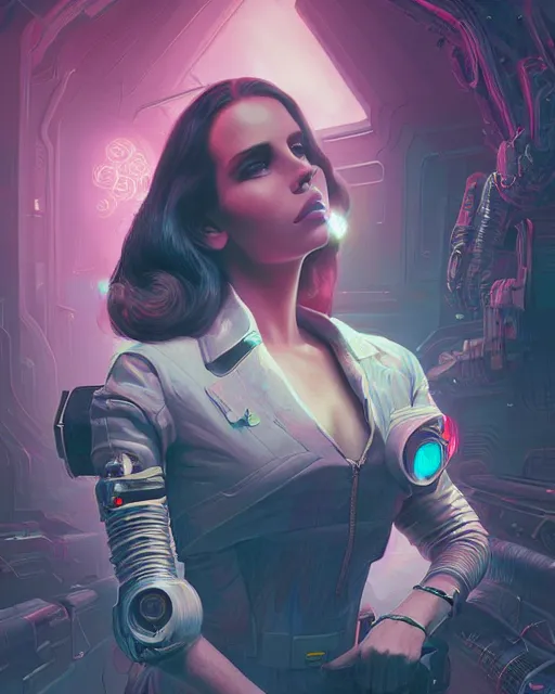 Image similar to portrait of lana del rey as a cyberpunk cyborg. roses, sci - fi, missing panels, intricate abstract, upper body, intricate artwork, by tooth wu, wlop, beeple, dan mumford. concept art, 8 k octane render, deviantart, greg rutkowski, cinematic, key art, hyperrealism, iridescent accents