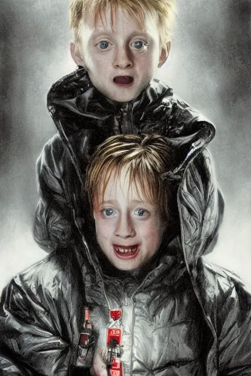 Prompt: realistic portrait beautiful concept art of home alone 2 movie scene when little macaulay culkin turns into cyborg. horror, created by gustave dore and greg rutkowski, high detailed, smooth draw, synthwave neon retro, intricate, trending on artstation.