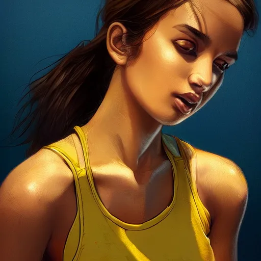 Image similar to young hyderabadi american woman wearing denim short shorts and yellow tank top, highly detailed, artgerm style, artstation, soft light, sharp focus, illustration, character design, concept art