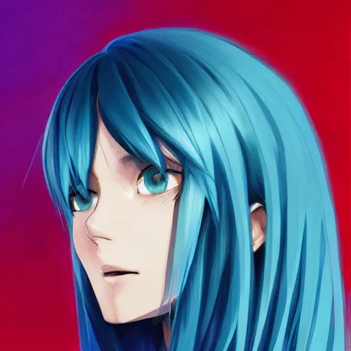 Image similar to profile shot of rimuru tempest, sky blue hair, straight hair, pretty, long bangs, amber eyes, all black jacket with white stripes, high collar, highly detailed, unreal engine 5, color block, digital painting, concept art, cinematic, wlop | artgerm, pixiv, greg rutkowski, ilya kuvshinov, andy warhol