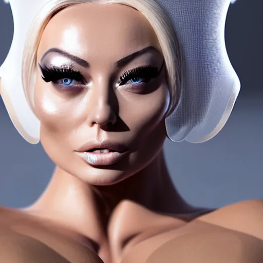 Image similar to ultra detailed, beautiful natural light, studio lights, rim light, isabelledeltore wearing a white mask with black wires on her head, featured on behance, net art, made of wire, 5 0 mm lens, elegant, hyper realistic, ultra detailed, octane render, volumetric lighting, 8 k post - production