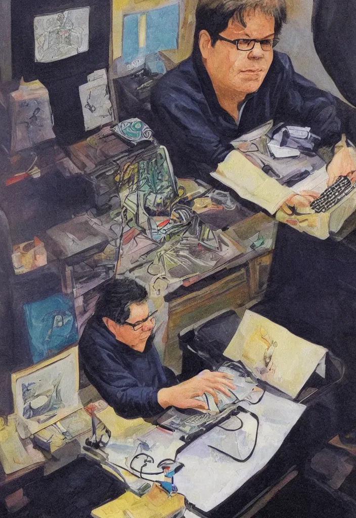 Prompt: Yann LeCun at his computer on a tarot card, illustrated on the Rider–Waite tarot.