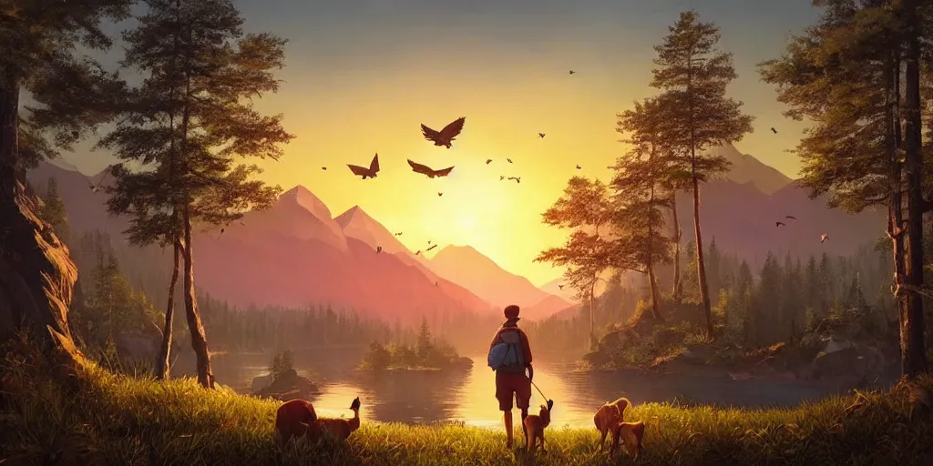 Image similar to A majestic landscape featuring a river, mountains and a forest. A group of birds is flying in the sky. There is an old man with a dog standing next to him. The man is wearing a backpack. They are both staring at the sunset. Cinematic, very beautiful, painting in the style of firewatch