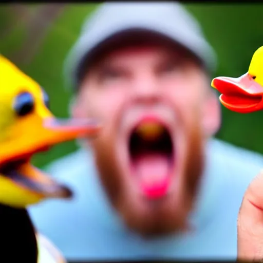 Image similar to two men close to the camera are surprised mouth agape pointing at a small duck further back in the shot, realistic, digital photo, suburb, youtube thumbnail, clickbait