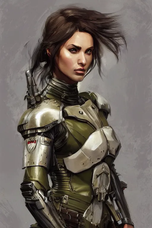 Image similar to a professionally painted portrait of an attractive young woman, clothed in military armor, olive skin, long dark hair, beautiful bone structure, symmetrical facial features, intricate, elegant, digital painting, trending on Artstation, concept art, smooth, sharp focus, illustration, from Metal Gear by Ruan Jia and Mandy Jurgens and Artgerm and William-Adolphe Bouguerea, award winning