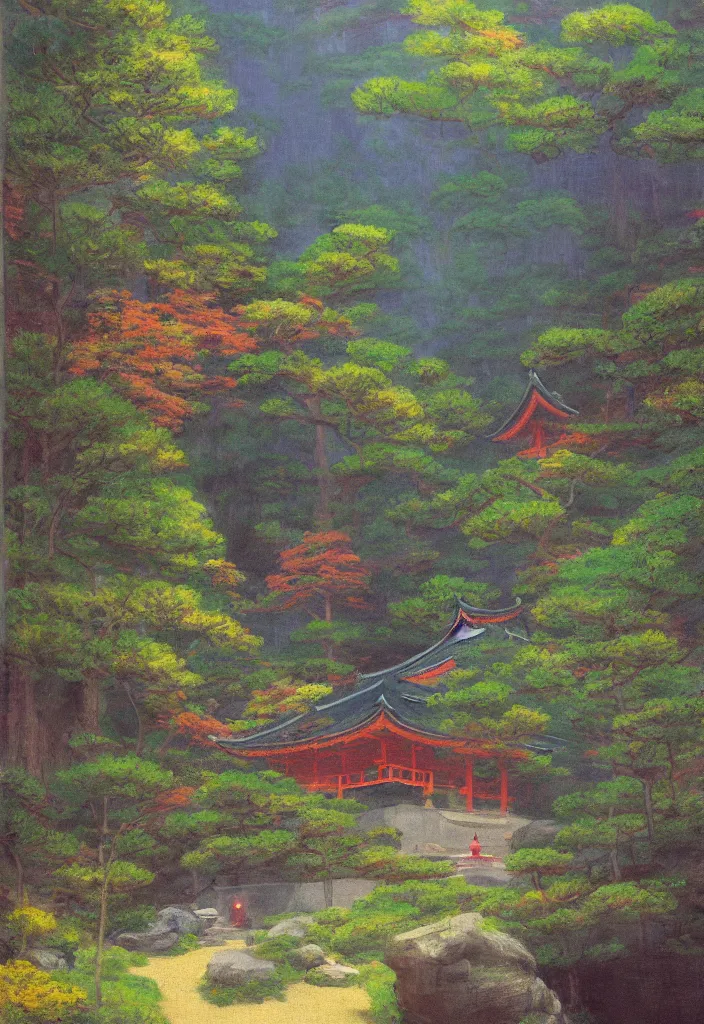 Prompt: a japanese temple in the mountain. gorgeous epic nature. yokai walking around, lofi, vivid colors, amazing light, by jeremy lipkin, by claude monet, heavily inspired by makoto shinkai, kandinsky touches, inspired by ghibli, masterpiece, multiple brush strokes, impressionist style