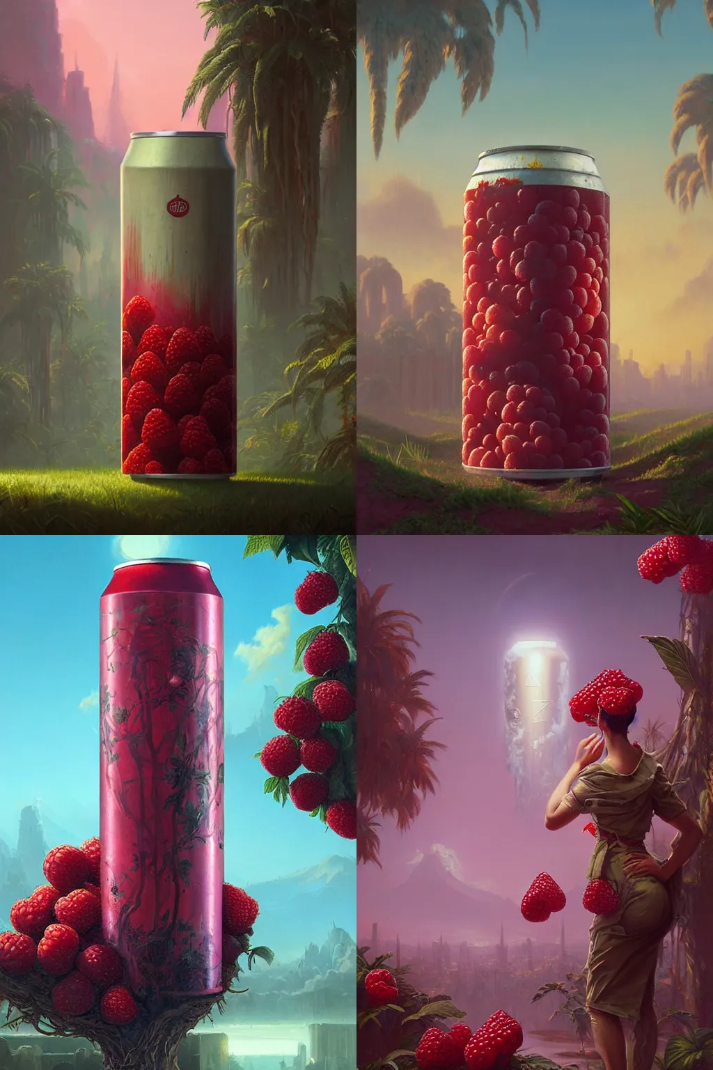 Prompt: a beautiful beer can surrounded by big oversized overgrown raspberries painted by tom bagshaw, raphael lacoste, eddie mendoza, alex ross concept art matte painting. detail. 4K. HQ. Synthwave, vaporwave, 1980.