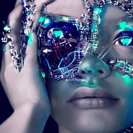 Image similar to portrait of a beautiful futuristic woman layered with high-tech jewelry wrapping around her face and head, 2067