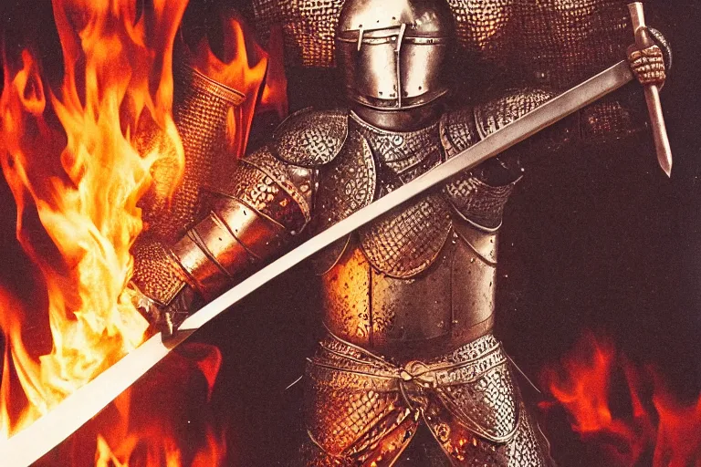 Image similar to photo of a medieval knight holding a sword in flames, award winning, ultradetailed