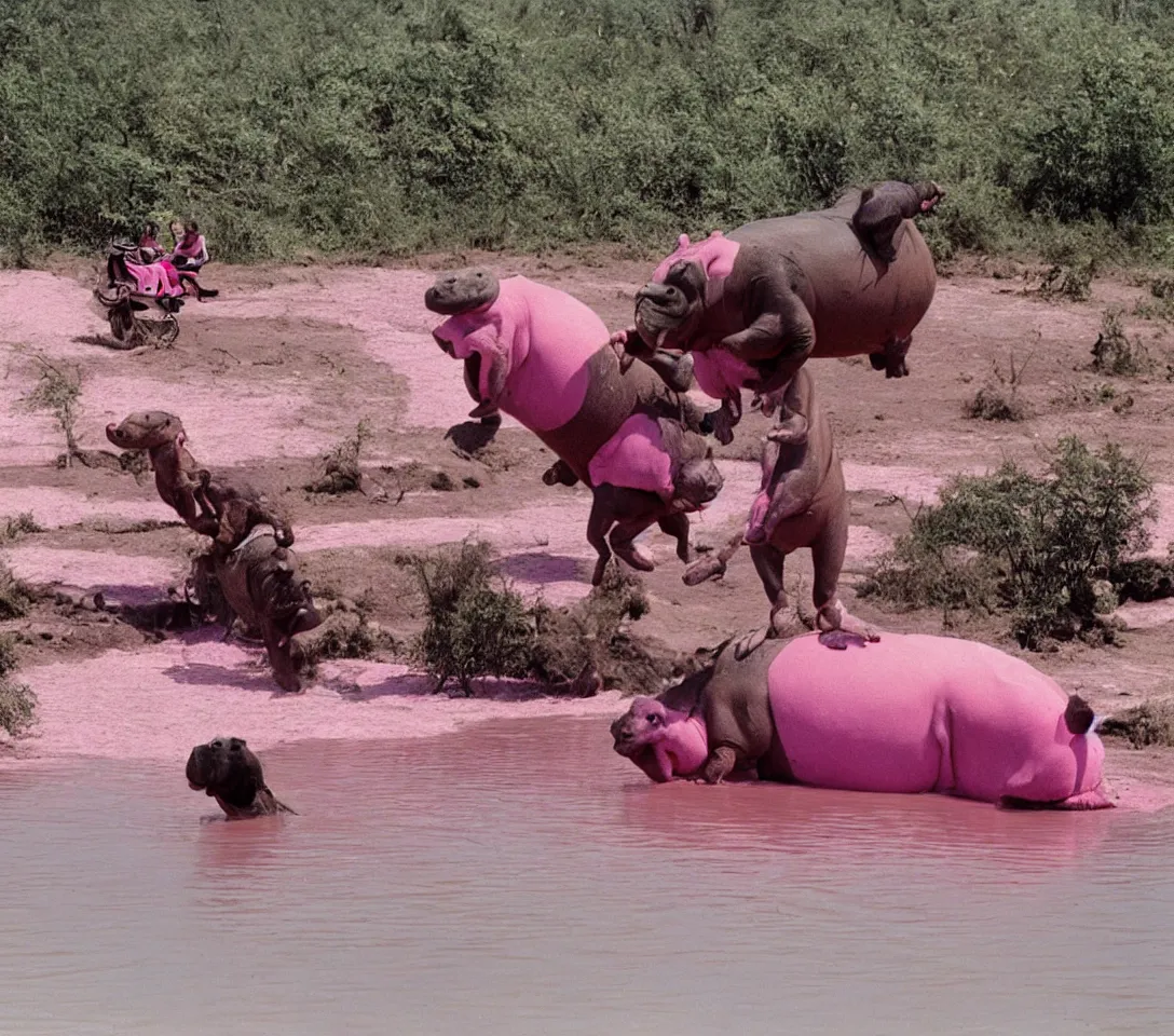 Prompt: a 3 5 mm photography, kodachrome colour of one grandpa riding a hippo in a pink lake, taken by martin parr