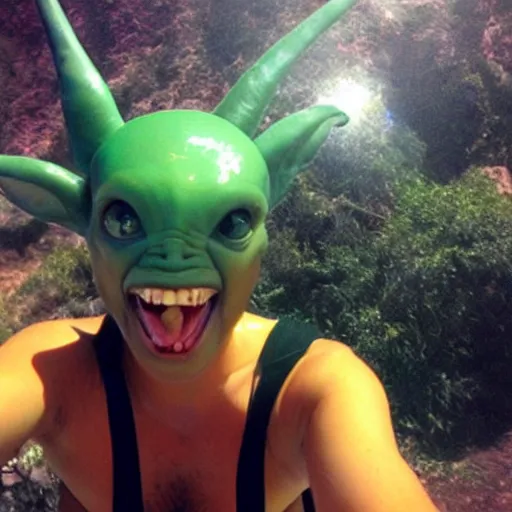 Image similar to selfie of a funny cute alien in an alien vacation resort