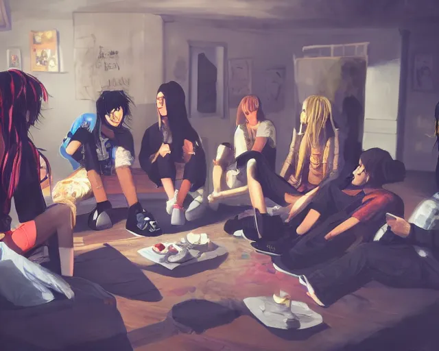 Prompt: a painting of an emo teenager hanging out with her friends at a super cool house party, unreal engine, atmospheric, hip, cool, college party