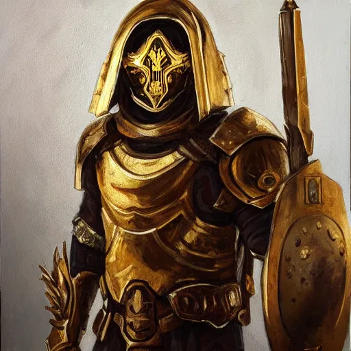 Image similar to man in white and decorated with gold doom slayer armor with kingdom of jerusalem insignia as oil painting