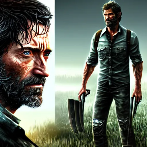 Image similar to beautiful digital art of hugh jackman as joel from the last of us, movie still from the last of us film, hdr, by artgerm