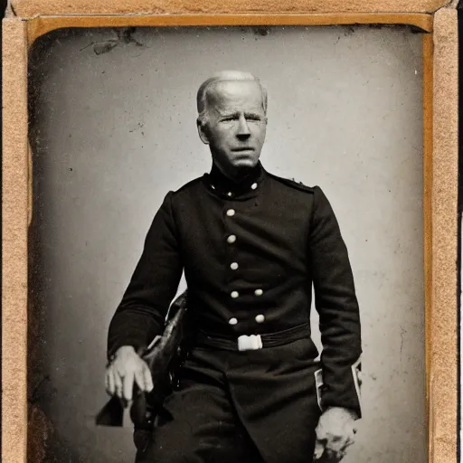 Image similar to civil war photograph of joe biden in uniform, portrait, daguerrotype