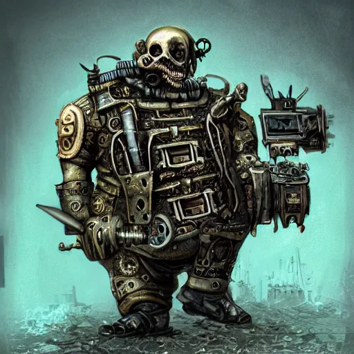 Prompt: highly detailed steampunk morbid obese undead heavy soldier with heavy machine guns, pipes connected to the head, madmax, intricate, rusty, green radioactive glow, toxic waste, Colchians painting, dynamic lighting, photorealistic concept art, trending on art station, stunning visuals, creative, cinematic, ultra detailed