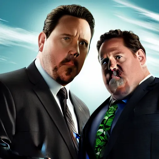 Image similar to Jon Favreau as Happy Hogan wearing a black suit and black necktie climbing a green beanstalk high in the sky of clouds